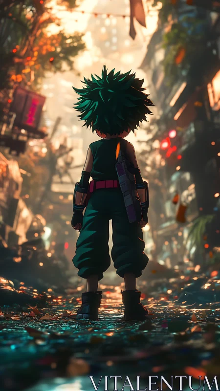 Backlit urban alley vigil with anime hero silhouette study.