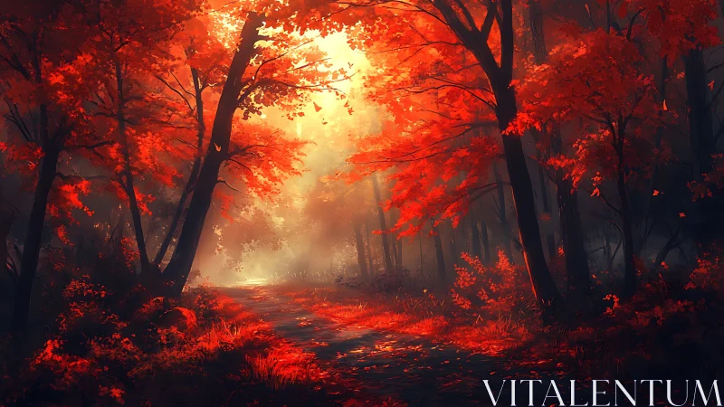 Autumn Forest Pathway with Red Foliage and Atmospheric Light