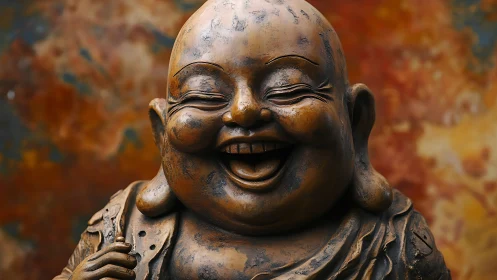 Laughing Buddha sculpture radiates joy in warm bronze tones