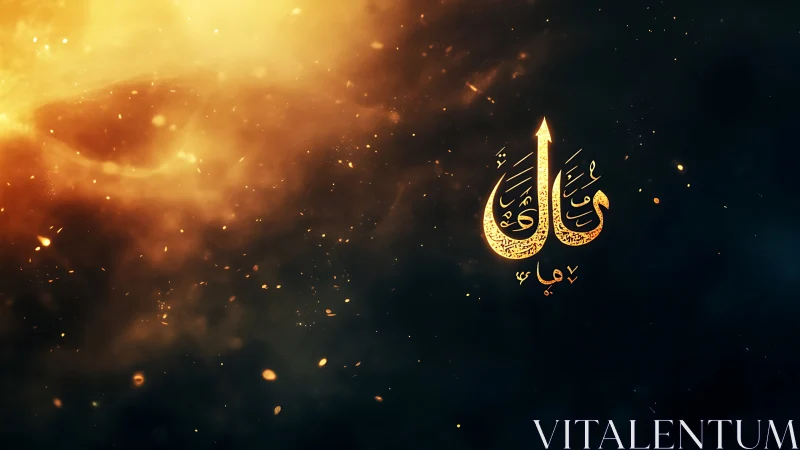 Luminous Arabic calligraphy glyph amid cosmic ember field