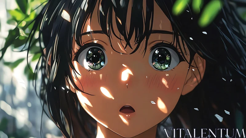 Sun-dappled anime portrait captures astonished expression