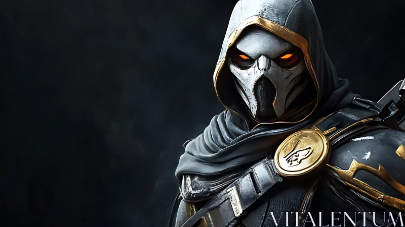 Hooded armored figure with skull mask faces camera in profile