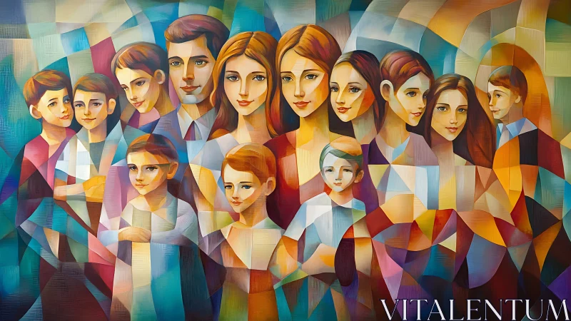 Cubist family portrait with vibrant geometric abstraction.