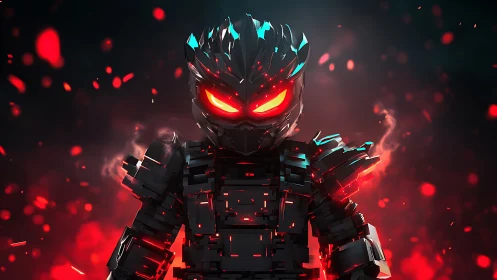 Pixelated inferno warrior with neon eyes claims the void.