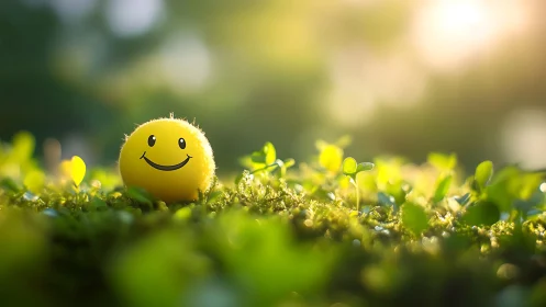 Smiling yellow ball amid sunlit moss and seedlings glow.
