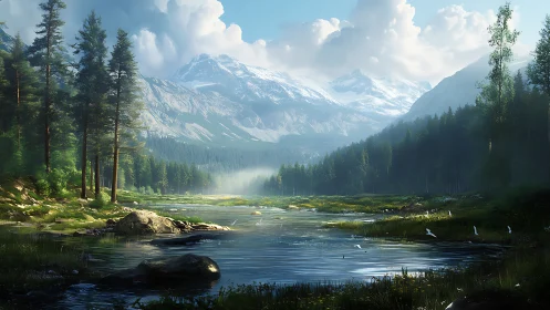Digital painting of alpine river valley with dramatic depth of field.