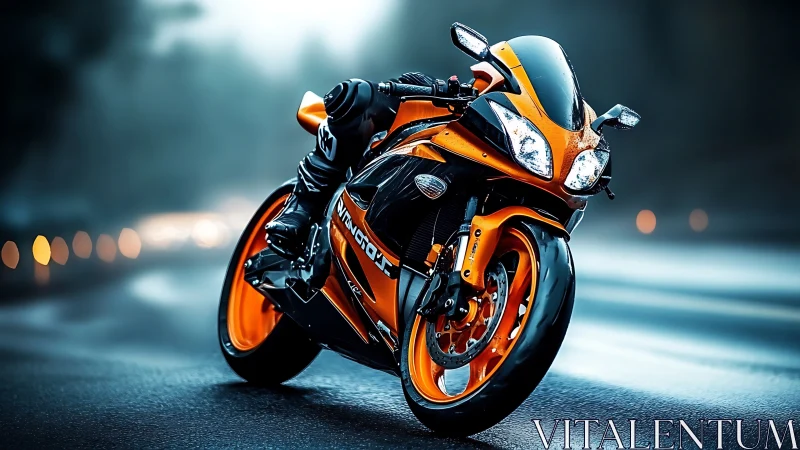 Racing orange superbike leans into a misty wet highway