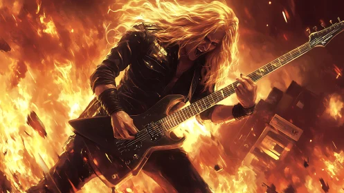 Metal guitarist shreds amid towering inferno and flying debris