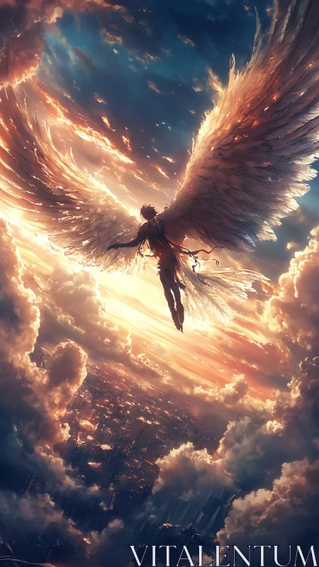 Soaring winged guardian over a sunlit dream city sky.