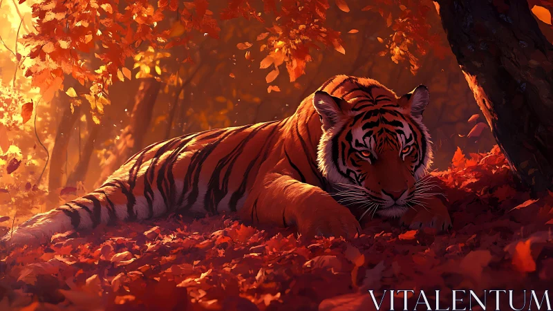 Tiger rests in burning autumn forest light, watchful and still.