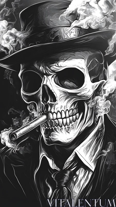 Smoldering skeletal gangster portrait in monochrome smoke rendering.