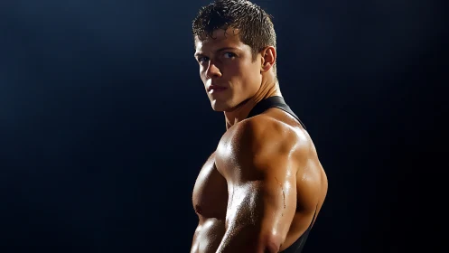 Intense male athlete in dramatic low key studio portrait.