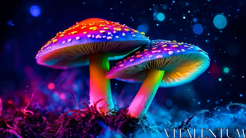 Bioluminescent-style mushrooms in saturated neon colors.