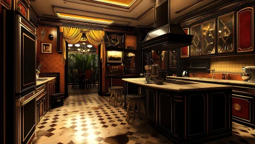 Velvet-lit gourmet kitchen glows like a midnight chandelier.