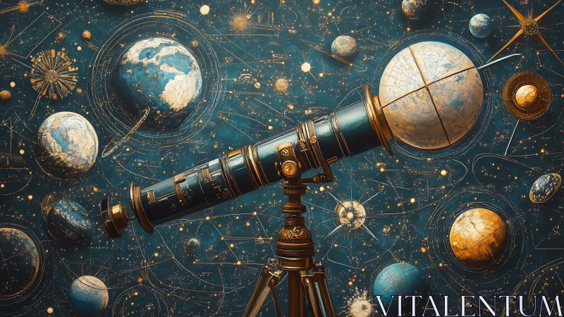 Celestial brass telescope surveys ornate painted cosmos.