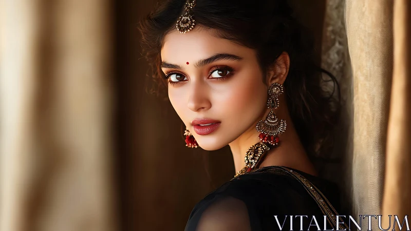 Golden gaze in silk shadows, adorned with quiet fire.