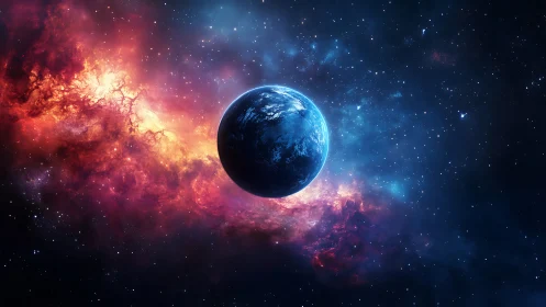 Solitary blue planet framed by vibrant cosmic nebulae.