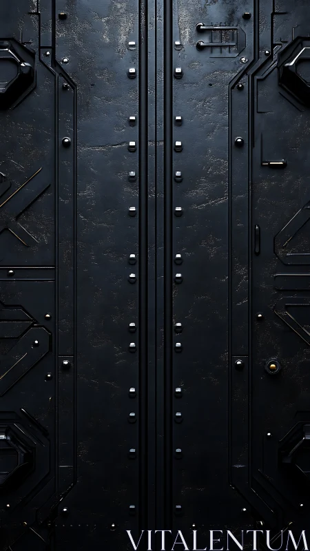 Dark metal industrial door shows symmetrical riveted surface