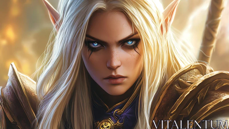 Fierce elven warrior gazes forward with bright determined eyes