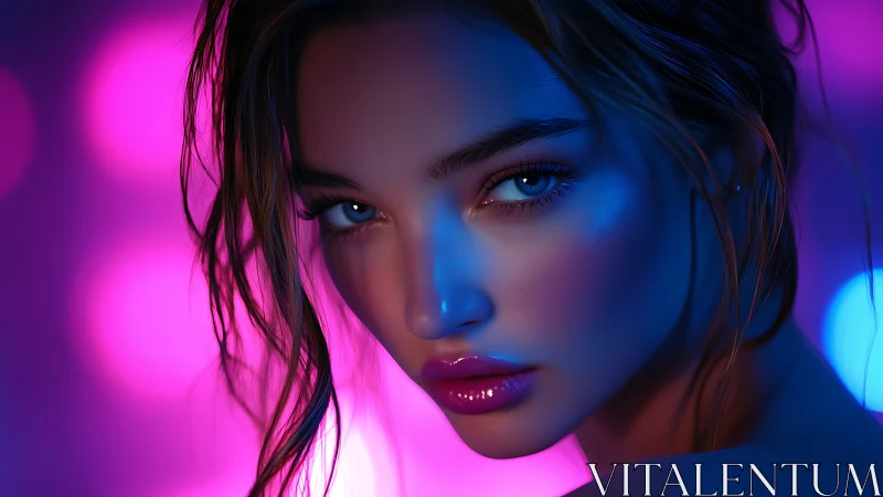 Neon portrait shows intense gaze under dual color lighting