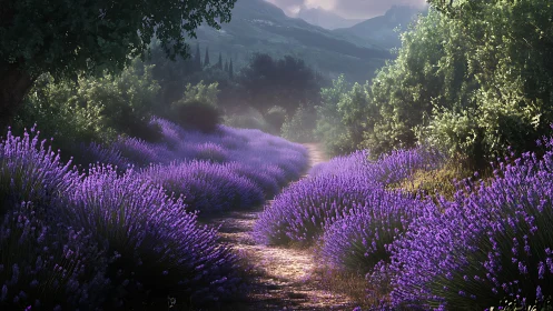 Sunlit lavender path recedes through dense Mediterranean foliage