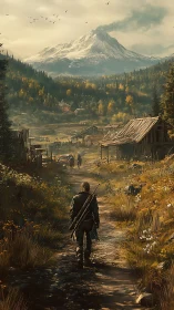 Figure on rural path approaching mountain settlement landscape.