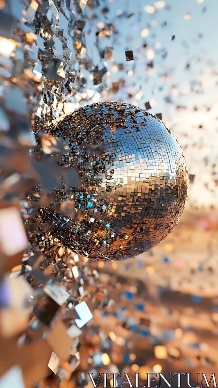 Shattering disco planet in a swirl of molten mirror dusk.