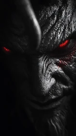 Specular demon visage with saturated emissive red eyes.