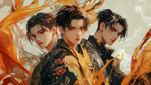 Triptych composition presents three stylized male figures