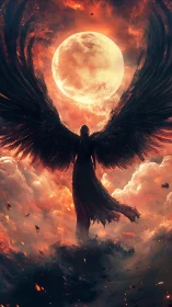 Dark winged angel ascends before a blazing celestial moon