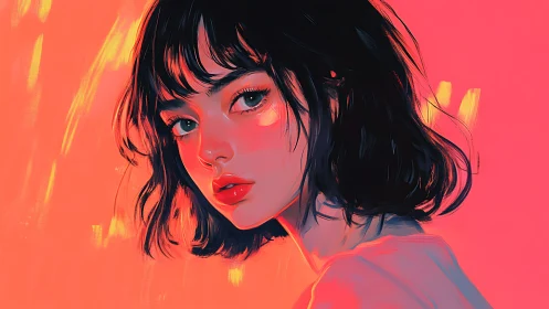 Neon-lit portrait of a girl bathed in vivid coral glow.