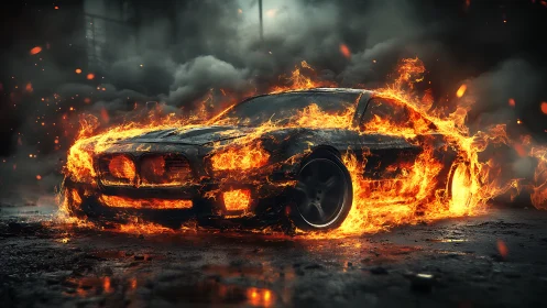 Car Engulfed in Flames Against Dark Sky.