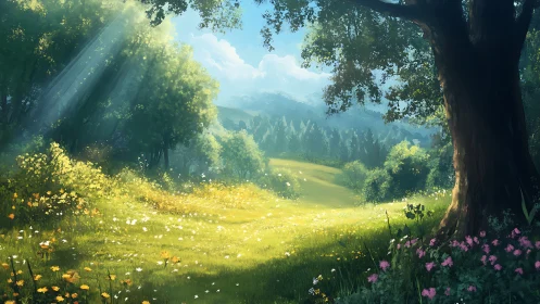 Sunlit wildflower meadow opens beneath towering oak tree