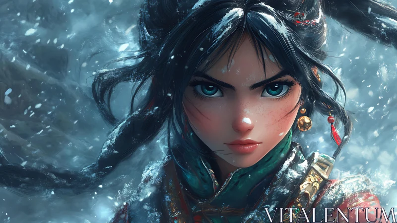 Warrior girl faces snowstorm with intense focused gaze