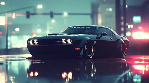 Low-slung widebody muscle car rendered in neon-lit rainy street