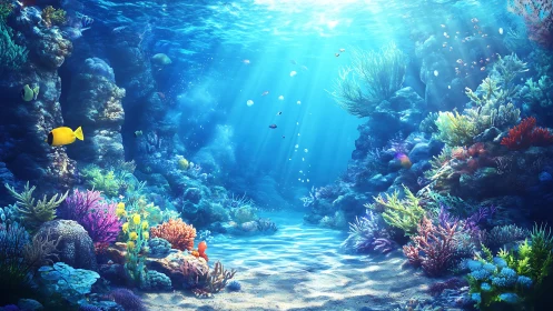 Sunlit coral canyon glows beneath clear tropical ocean waves