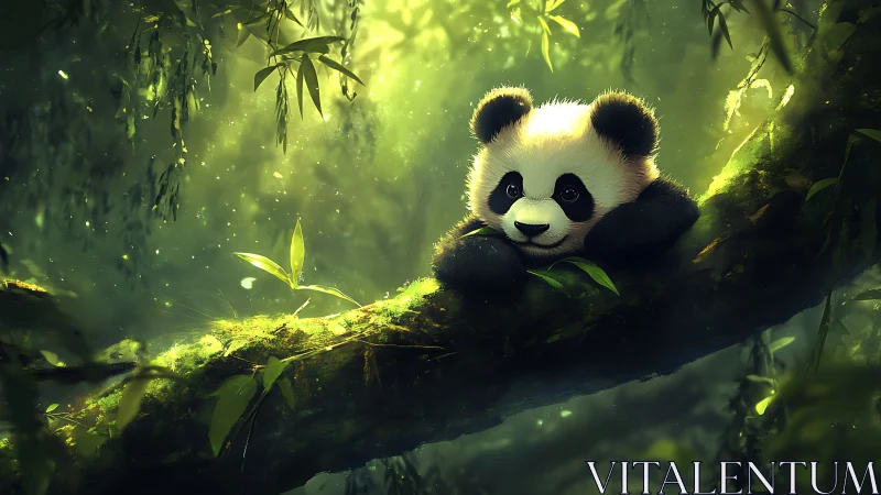 Cute panda cub resting on mossy branch in misty forest.