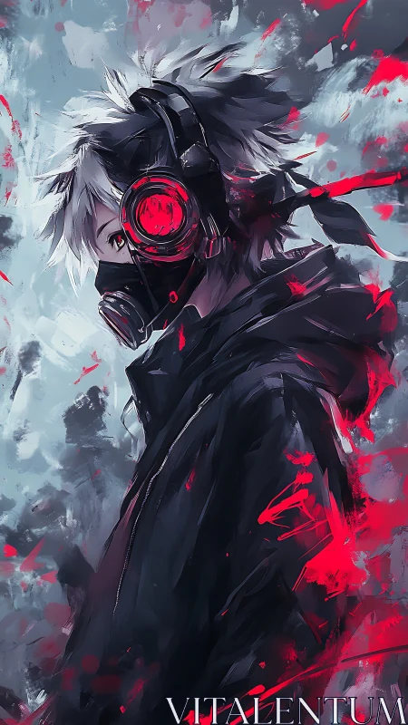 Masked cyberpunk youth with red headset in dynamic profile.