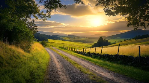 Rural gravel lane through sunlit rolling fields at sunset