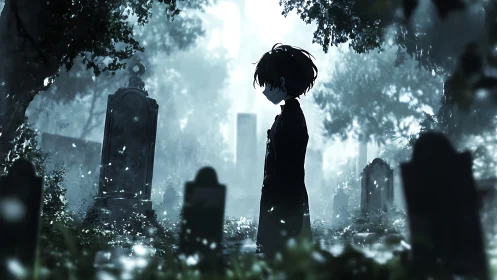 Solitary anime boy stands in misty graveyard at dawn.