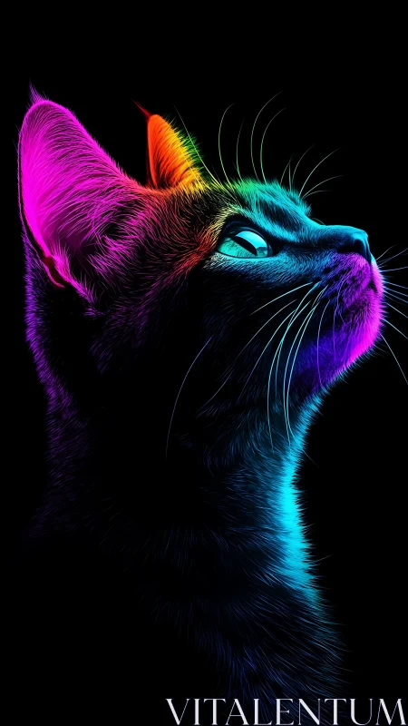 Neon stargazer cat glows in electric rainbow moonlight.