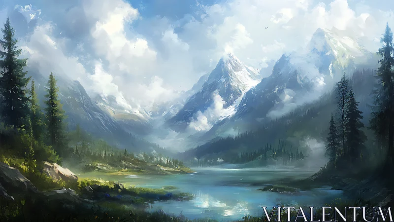 Snowy mountain valley and calm forest lake landscape.