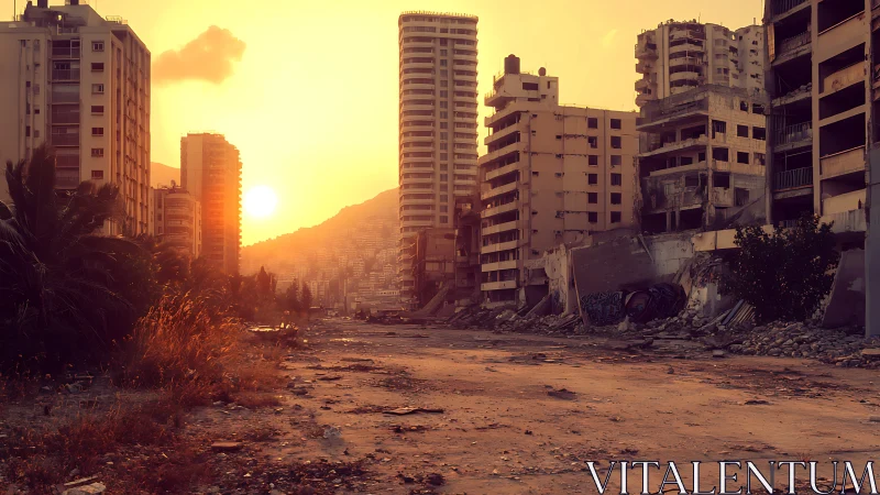 Golden hour over a quiet, crumbled city streetscape.