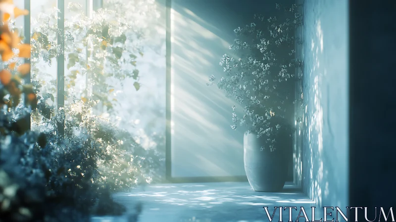 Serene corridor garden with volumetric sunlit florals.