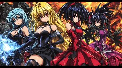 Battle-dressed heroines stride forward through molten chaos