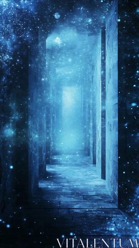 Interstellar stone corridor dissolving into luminous blue void