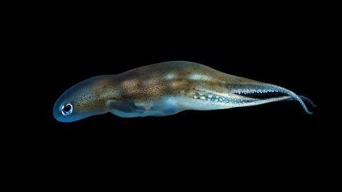 Bioluminescent squid profile on deep black background.