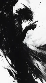 Shadowed winged figure cuts through stark monochrome void.