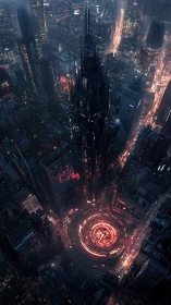Neon city spire rising over a glowing cyberpunk circle.