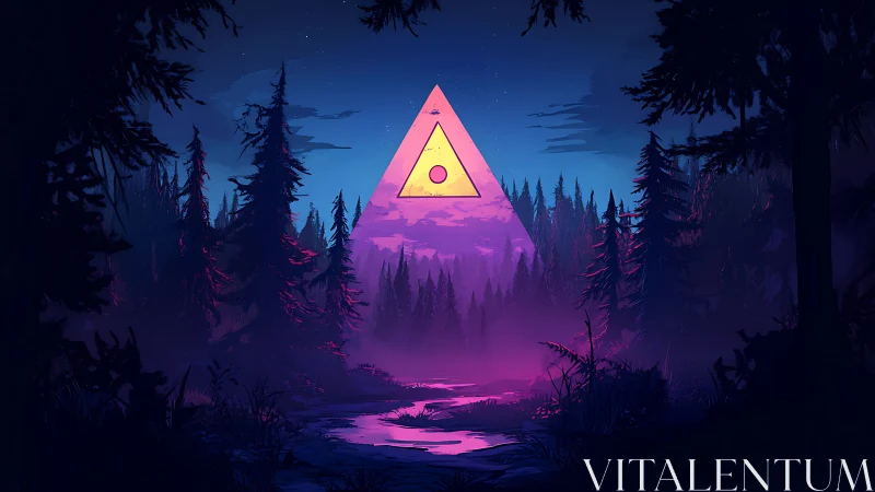 Neon oracle triangle hovering above a midnight forest river.